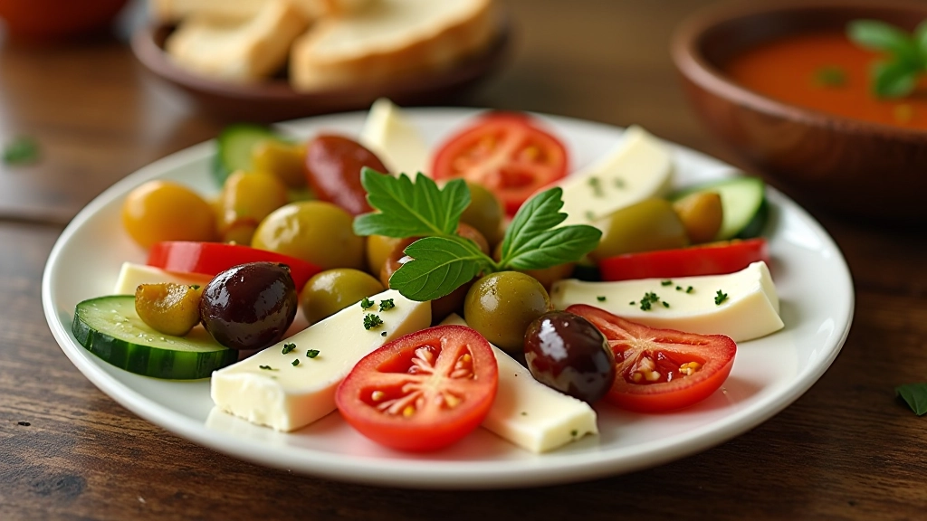 Colorful Turkish mezze platter with olives, cheese, tomatoes, and fresh herbs arranged on white ceramic plate