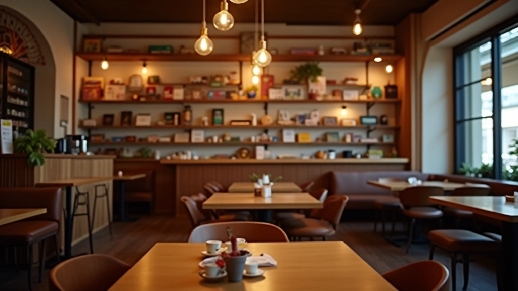 Cozy café interior with board games stacked on shelves, comfortable seating arrangements, and warm ambient lighting from overhead fixtures