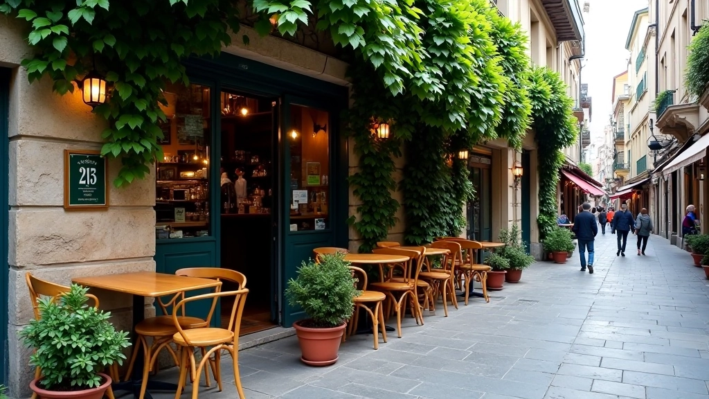Exterior street view of a charming Istanbul café with ivy-covered walls, outdoor seating, and passersby walking past in a historic neighborhood