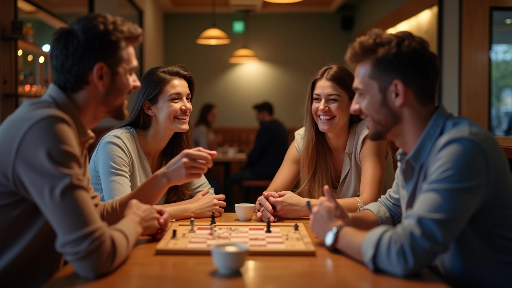Group of diverse friends laughing together while playing board games at a café table with drinks and snacks