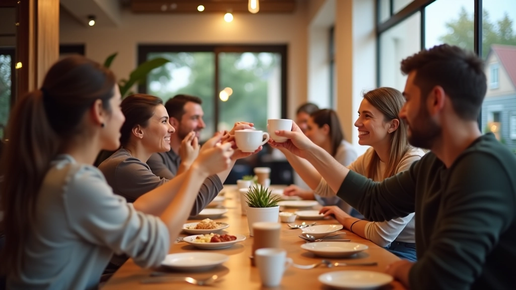 Weekend brunch celebration with friends toasting with coffee cups and warm drinks at a spacious Ankara café venue