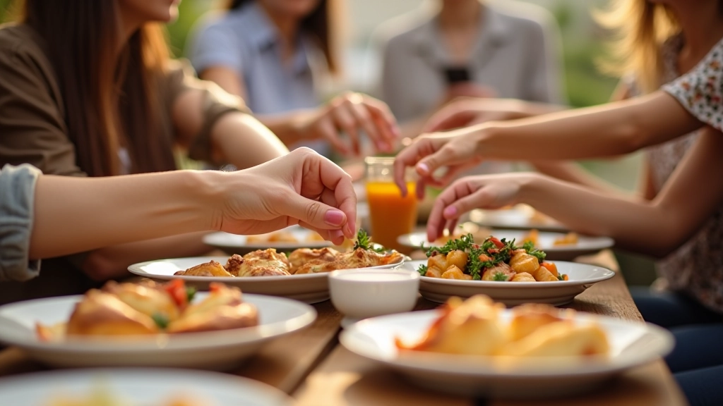 Close-up of hands reaching across a café table for shared pastries and food items, showing the communal dining experience with warm afternoon light