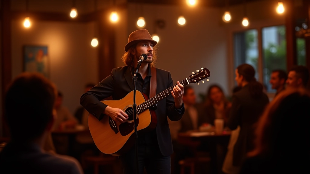 Live musician playing acoustic guitar on small café stage with audience seated at tables watching the performance