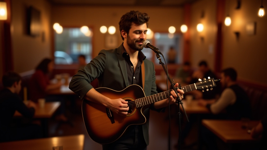 Live musician performing acoustic guitar at a café venue