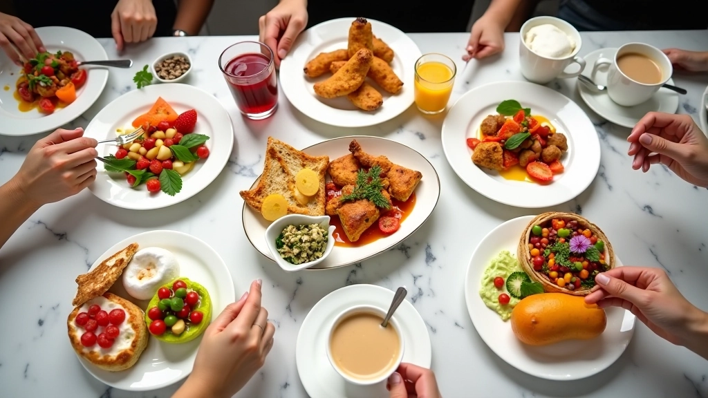 Overhead view of shared brunch plates with Turkish cheeses, breads, and spreads