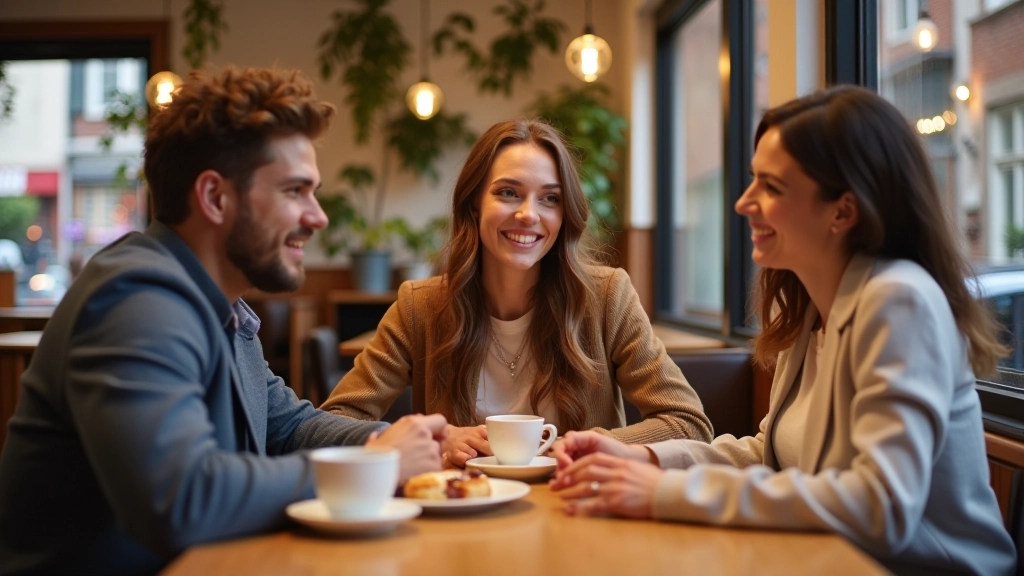 Three friends sitting at a café table with coffee cups and pastries, casual weekend morning atmosphere with soft natural lighting
