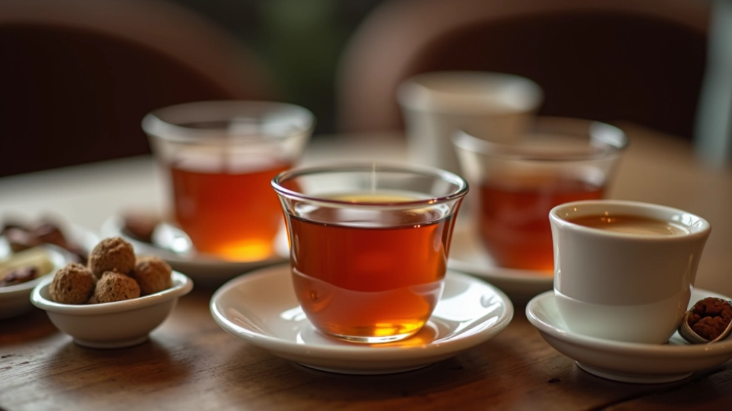 Glasses of Turkish tea and coffee served alongside brunch spread, traditional glass teacups with saucers and small coffee cups on cafe table