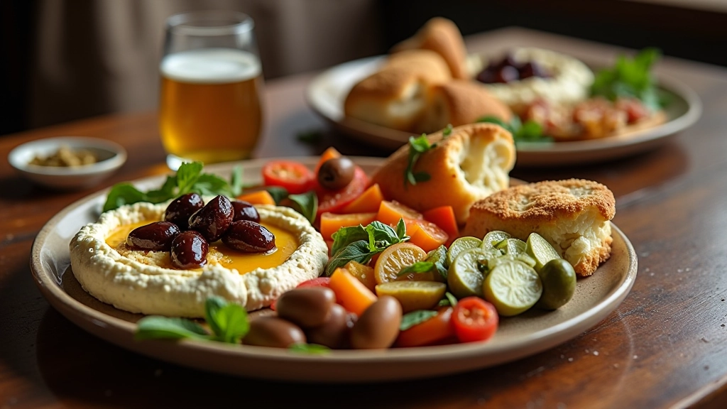 Two generous Turkish mezze platters side by side, showing hummus, baba ganoush, olives, cheese, and vegetable selection on rustic wooden table